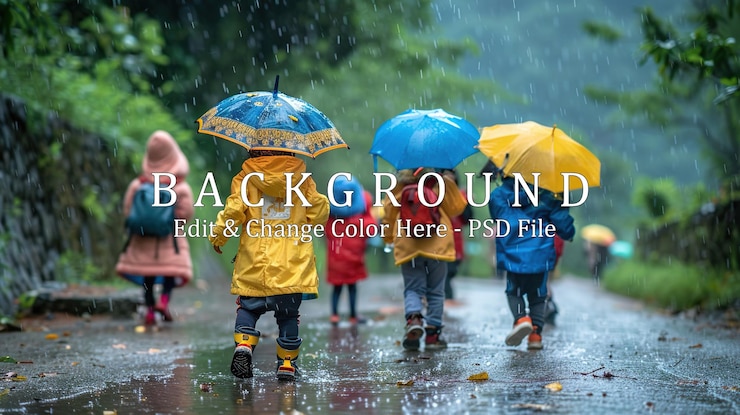 PSD a group of children in colorful raincoats and umbrellas walk along a wet path enjoying a rainy day