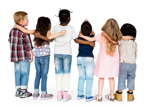 PSD group of children huddle together in rear view