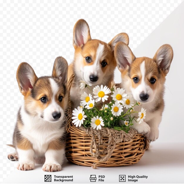 PSD un gruppo di simpatici cuccioli di corgi gallesi con un cesto di fiori su uno sfondo bianco isolato