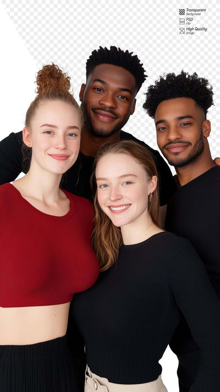 PSD group of diverse friends smiling on transparent background