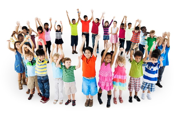 Group of diverse kids standing in circle with arms raised isolated on white