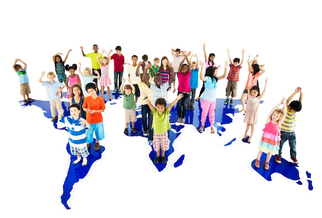 PSD group of diverse kids standing together with arms raised