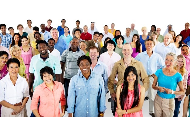 PSD group of diverse people standing together isolated on white