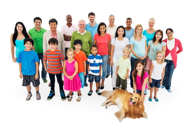 PSD group of diverse people standing together isolated on white