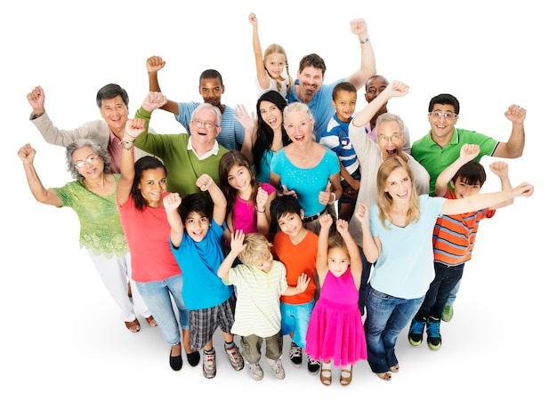 Group of diverse people with arms raised isolated on white