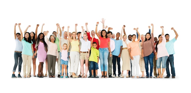 Group of diverse people with arms raised isolated on white