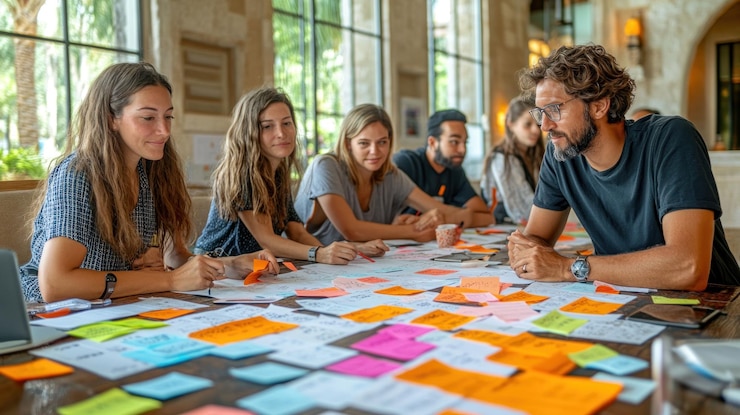 PSD a group of diverse young professionals are brainstorming around a large table covered in sticky notes and papers they are working together to come up with new ideas and solutions