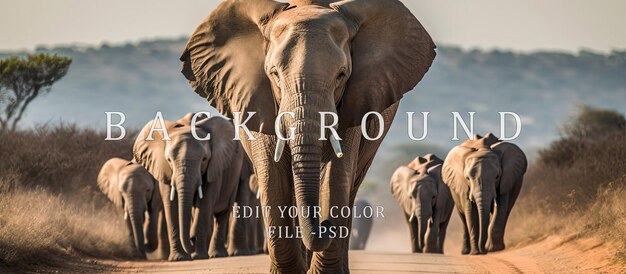 A group of elephants crossing the highway in the middle of a barren field in the afternoon