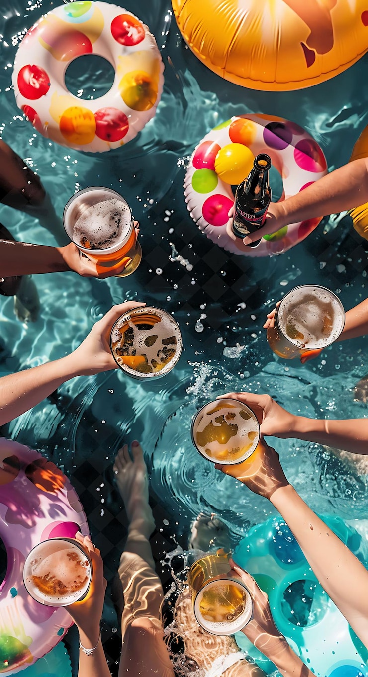 PSD group of friends enjoying beers at a pool party detailed vie flat illustration beer culture design