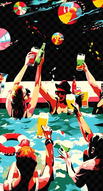 PSD group of friends enjoying beers at a pool party detailed vie poster postcard banner international