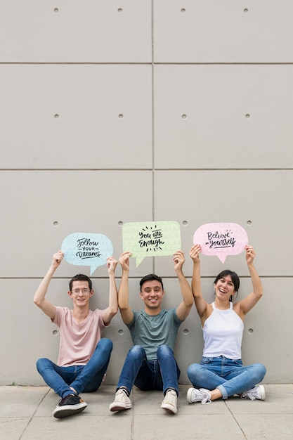 Group of friends posing with copy space