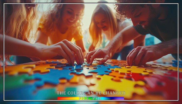 PSD group of friends working together to solve a jigsaw puzzle