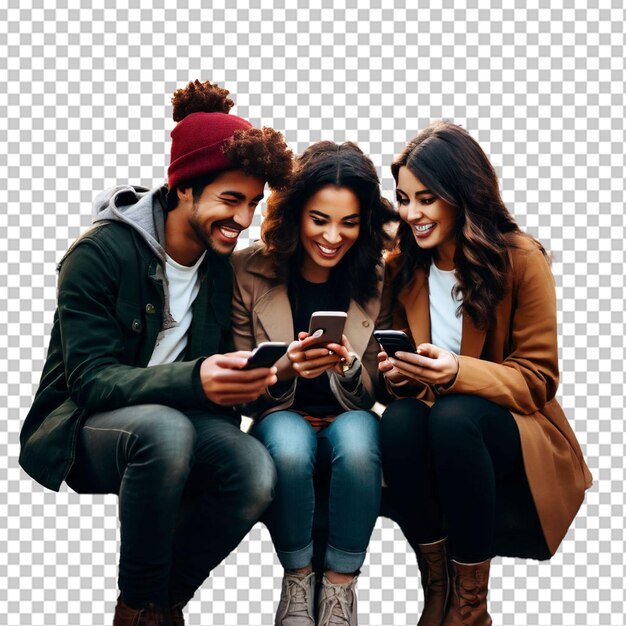 PSD group of happy teenage friends looking the phone and laughing in the city street