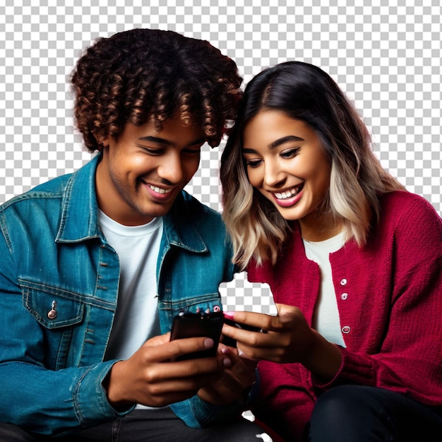 PSD group of happy teenage friends looking the phone and laughing in the city street