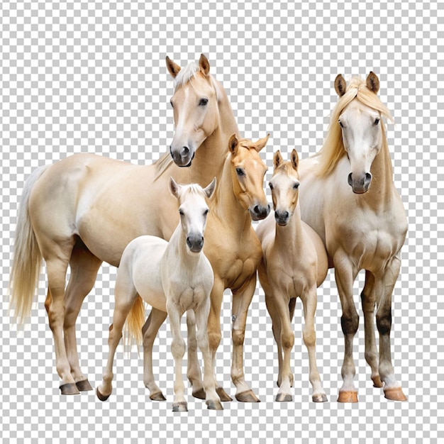 PSD group of horses galloping in the sand isolated on white background