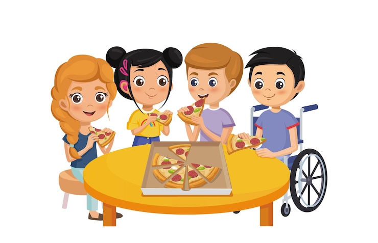 PSD テーブルに座ってピザを食べている特別なニーズを持つ子供たちのグループ