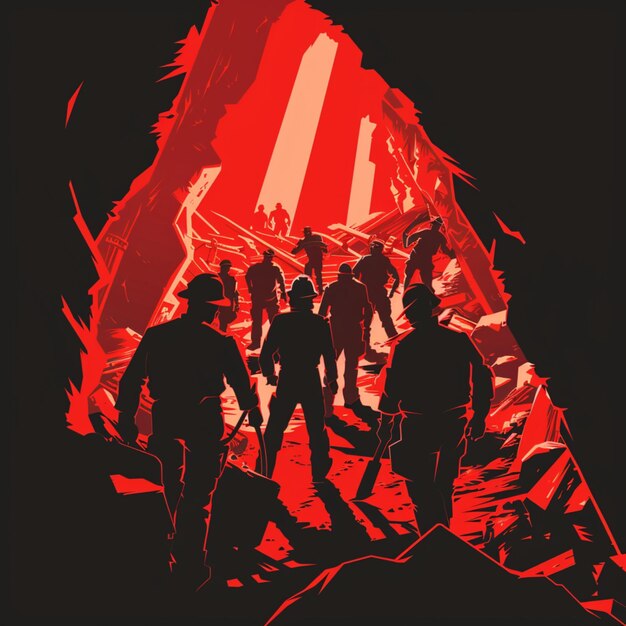 PSD un gruppo di uomini che camminano in un deserto con uno sfondo rosso