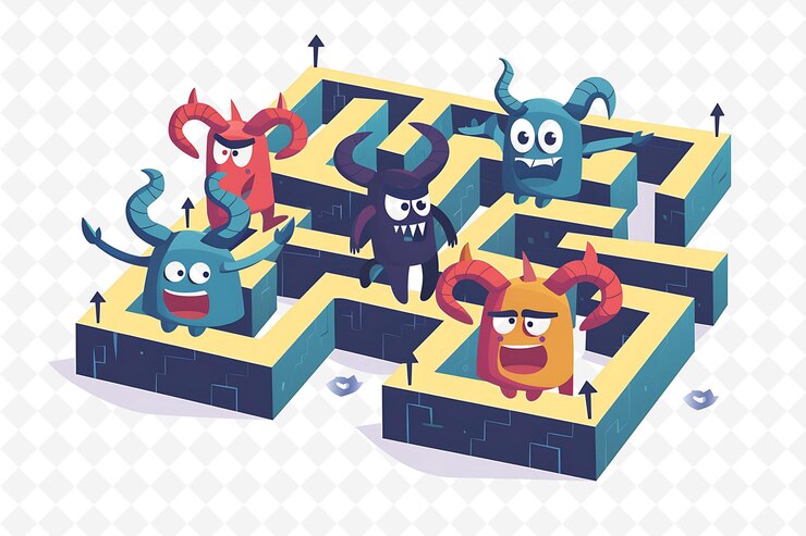PSD a group of monster heads are on a maze