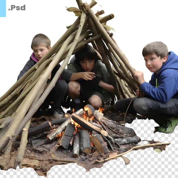 PSD 흰색 바탕에 모닥불 주위에 앉아 있는 아이들. psd 템플릿