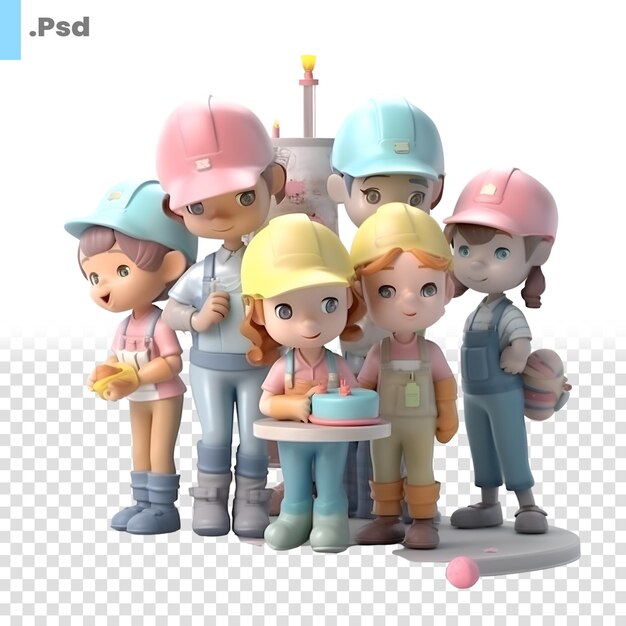 PSD ⁇ 색 배경 3d 일러스트레이션 psd 템플릿에 생일 케이크를 가진 어린이 그룹