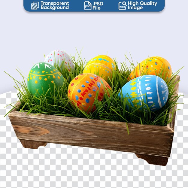 PSD a group of painted easter eggs in a wooden box with grass for easter holiday happy easter