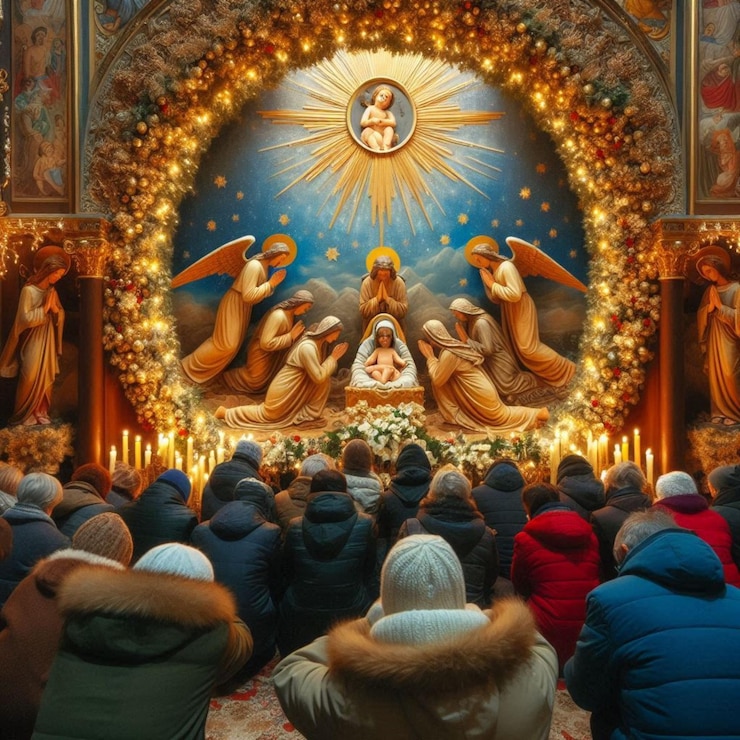 PSD a group of people are gathered in a church with a nativity scene