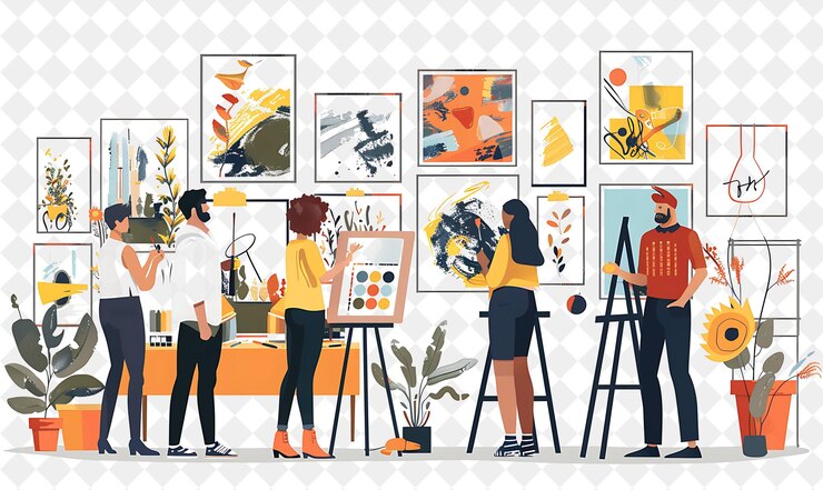 PSD 人々のグループが壁の絵画を見ています