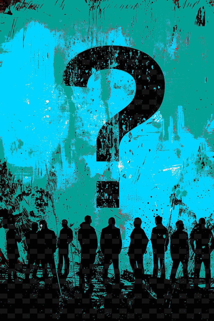 PSD a group of people are standing in front of a picture of a question mark