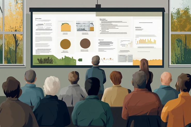 PSD a group of people attentively watching a presentation projected on a large screen showcasing data visualizations and graphs
