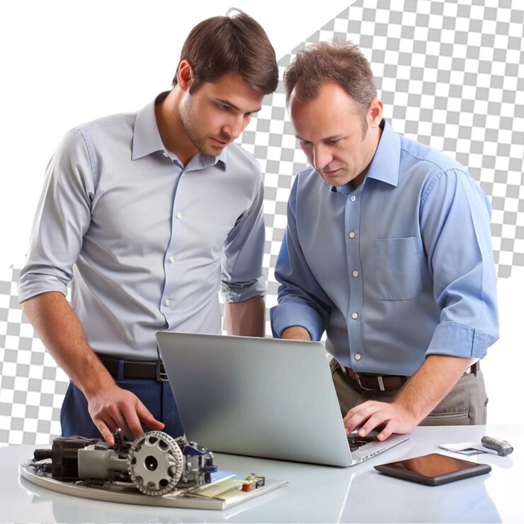 PSD a group of people in business attire smiling and sitting around a laptop on transparent background