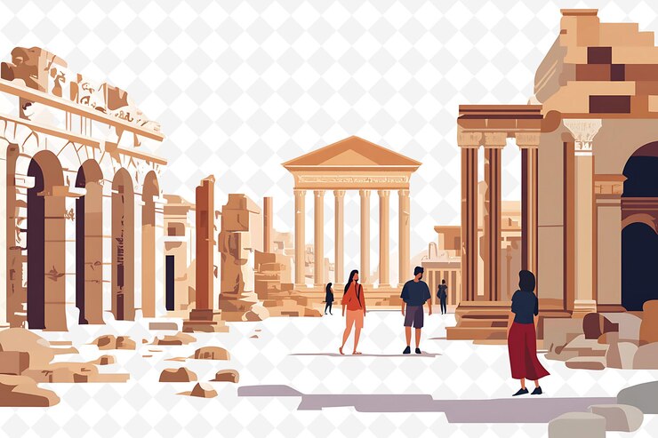 PSD a group of people in front of a temple with columns and columns
