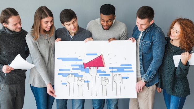 PSD group of people holding placard mockup for charity