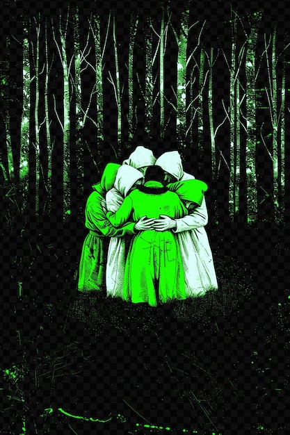 PSD group of people huddled together in fear dark forest surroun psd art design concept poster banner