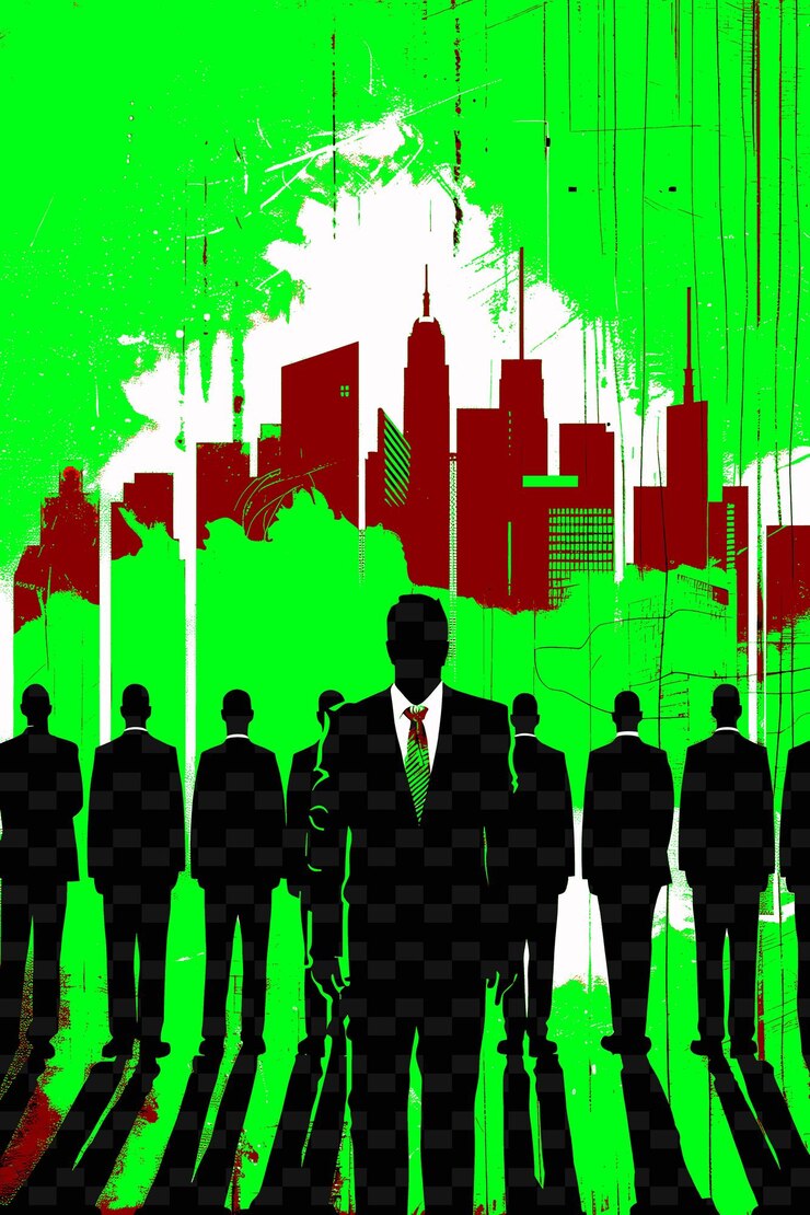 PSD a group of people in a line with the city skyline in the background