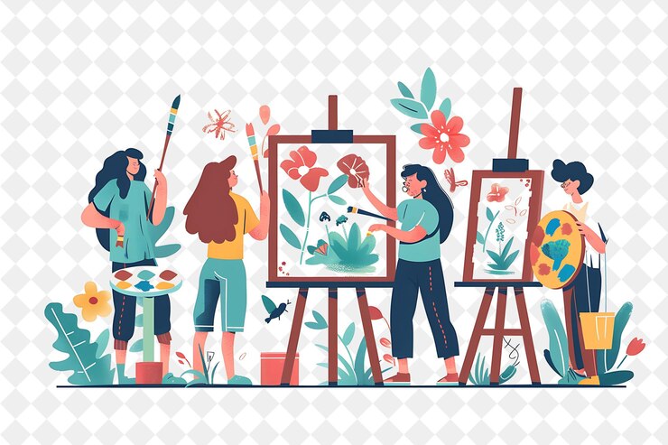 PSD 花や植物でキャンバスに絵を描く人々のグループ