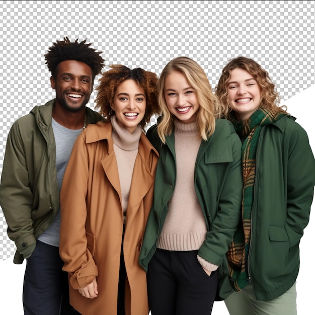 PSD un gruppo di persone che posano per una foto con uno che indossa una giacca verde