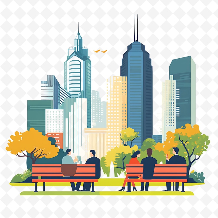 PSD a group of people sitting on a bench in front of a city skyline