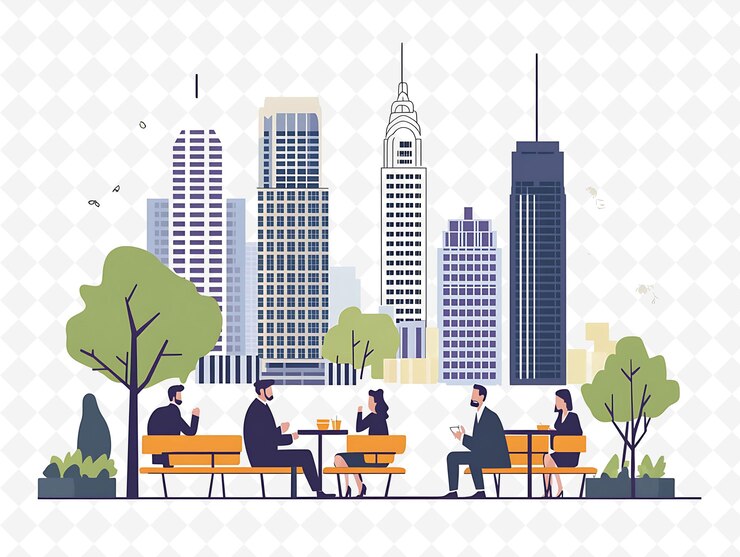 PSD a group of people sitting on benches in front of a city skyline