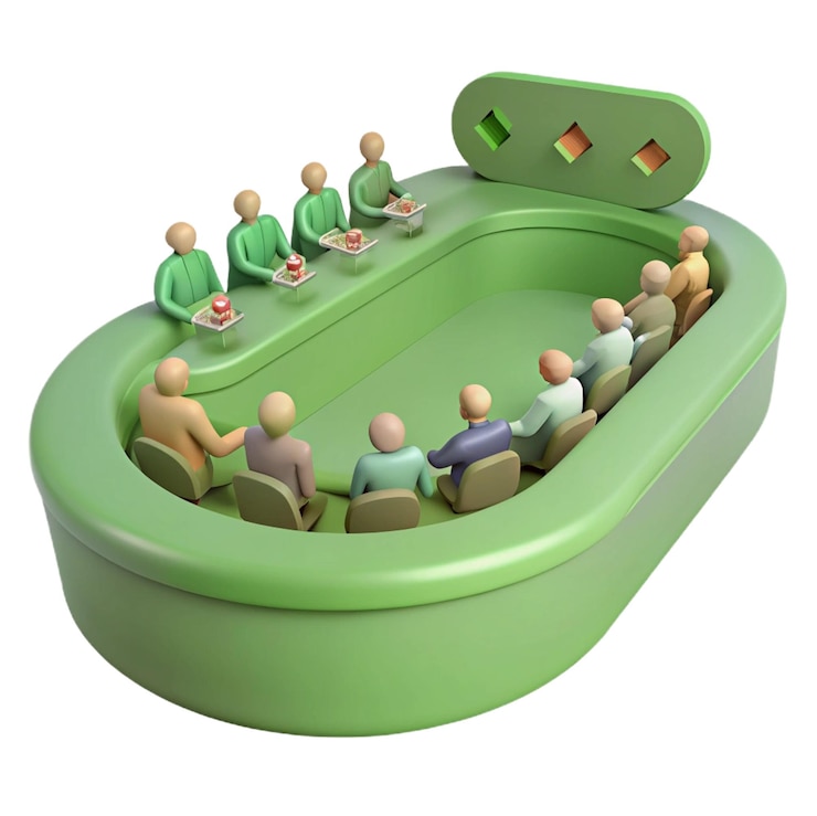 PSD a group of people sitting in a green box with a green object in the middle