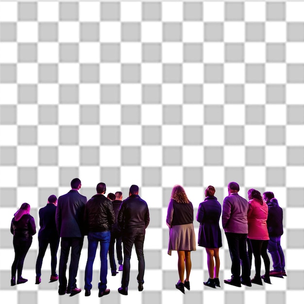 group of people standing in front of a building with purple light