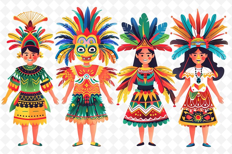PSD group of people in traditional filipino attire for masskara flat illustration culture character
