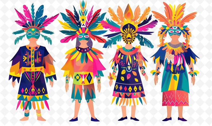 PSD group of people in traditional filipino attire for masskara flat illustration culture character