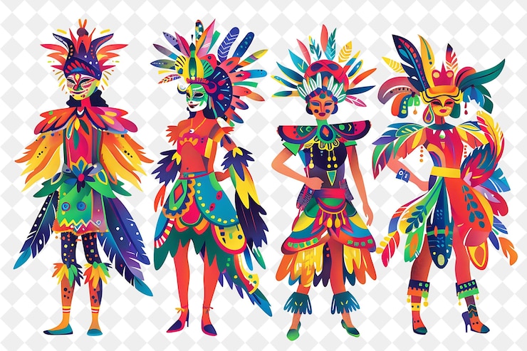 PSD group of people in traditional filipino attire for masskara flat illustration festival of the world