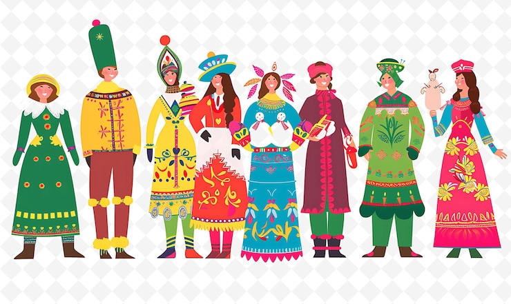 PSD group of people in traditional russian attire for maslenitsa flat illustration culture character