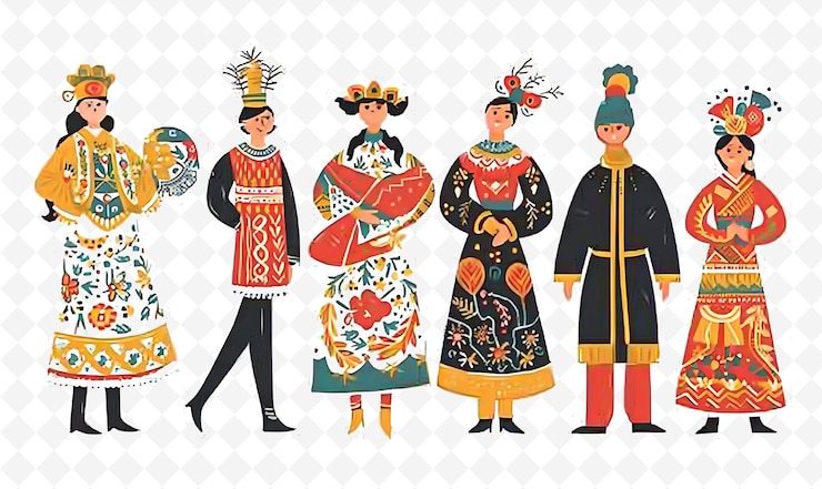 PSD 一群穿著俄羅斯傳統服裝的人在maslenitsa flat插圖文化角色