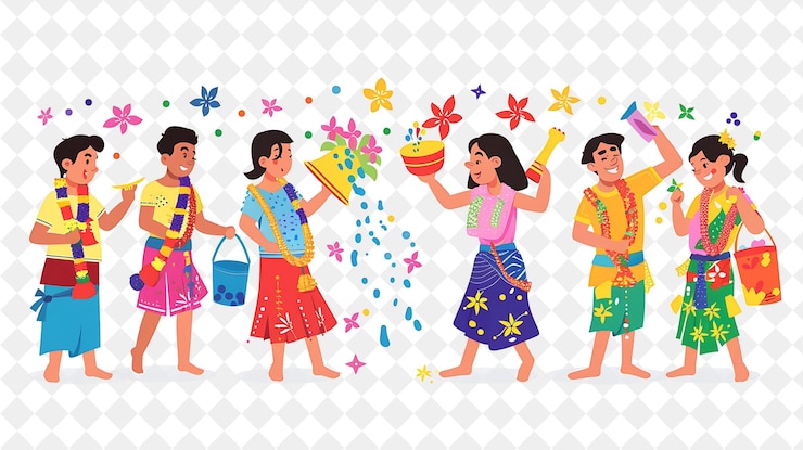 PSD group of people in traditional thai attire for songkran fest flat illustration festival of the world