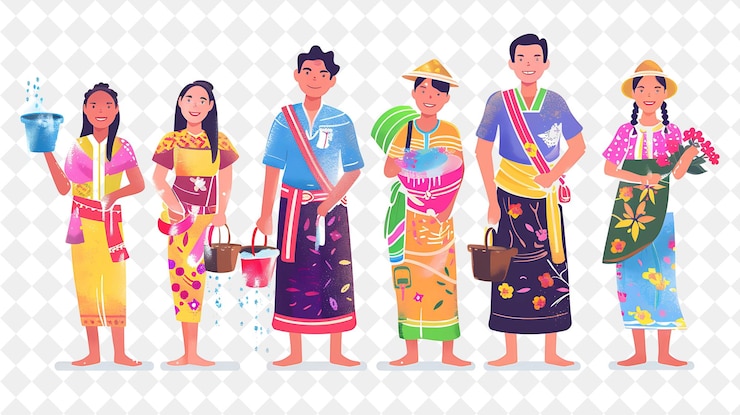 PSD 세계 평평한 일러스트레이션 페스티벌인 크란 페스트 (songkran fest) 에서 전통 태국 의상을 입은 사람들 그룹