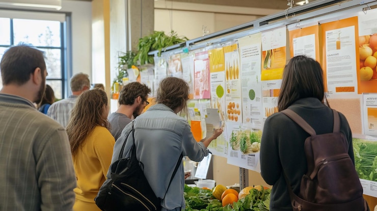 PSD group of people viewing informational posters at a health or science fair