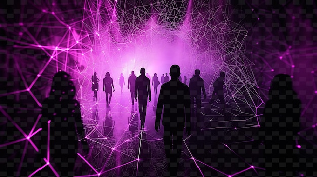 A group of people walking in a dark space with a purple background with a pink light