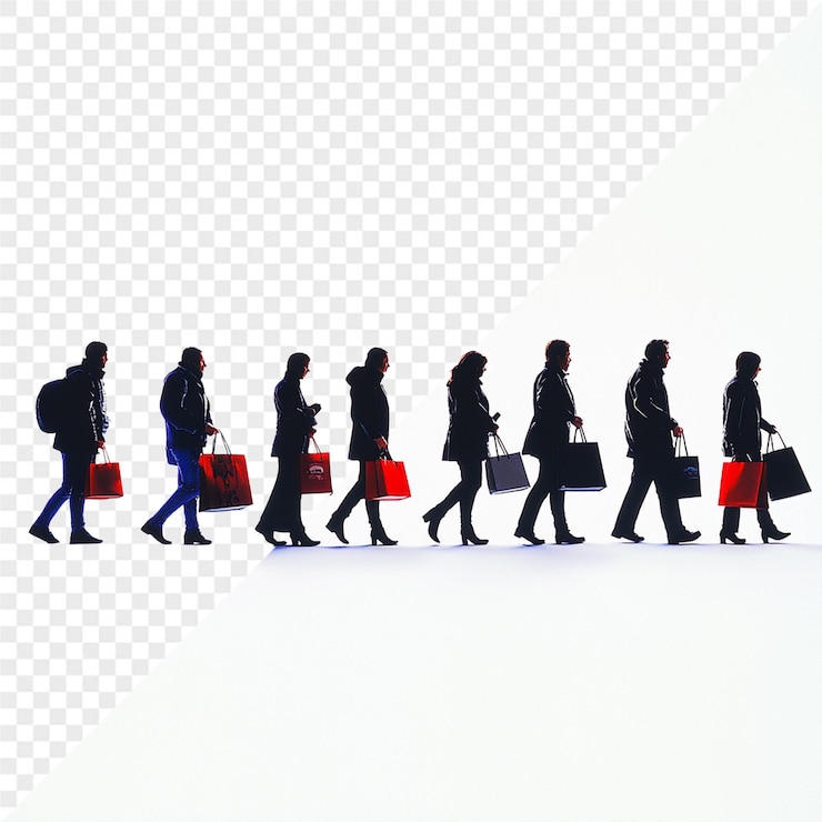 PSD a group of people with red bags walking in a line